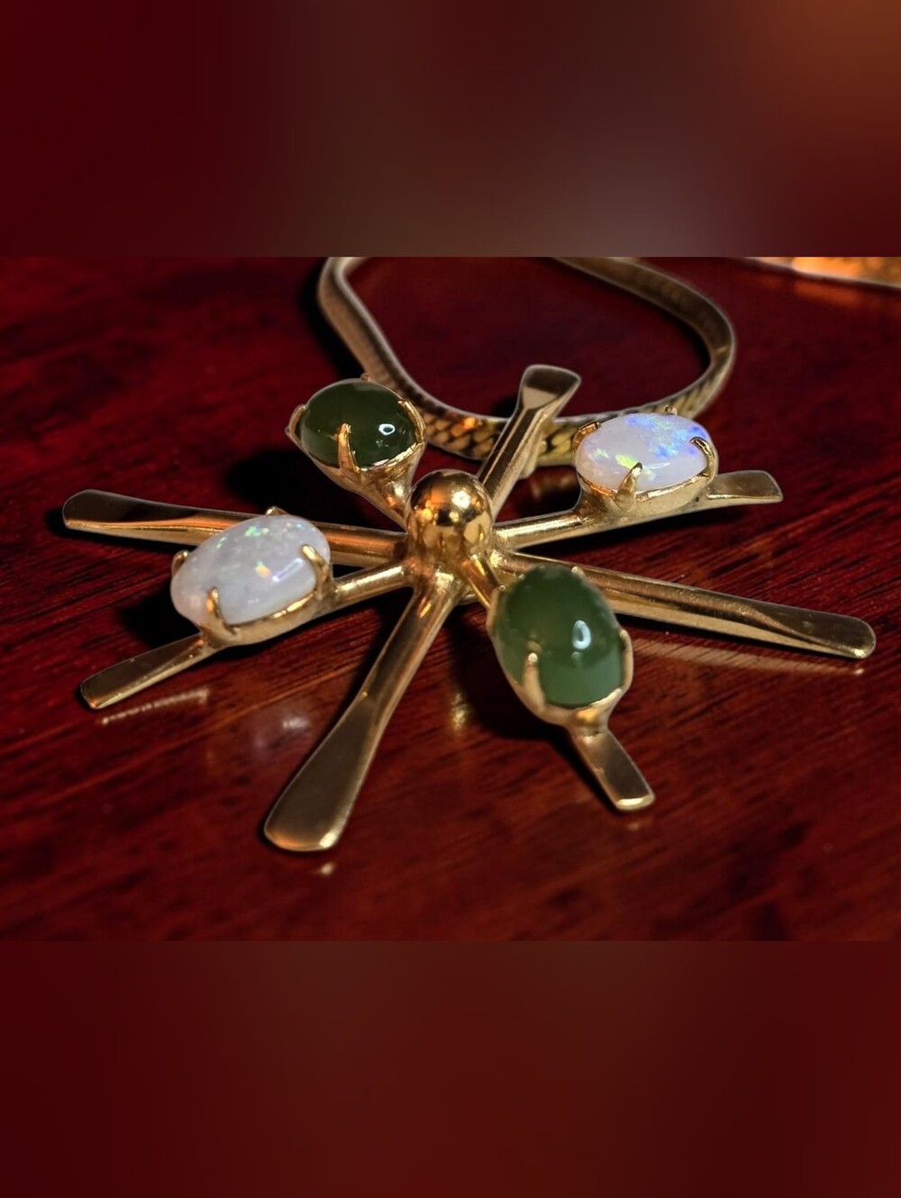 Winard 12kt GF Vintage Jade And Opal Starburst Pendant Necklace
